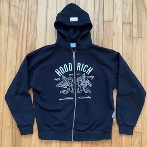 HOOD RICH Black Zip Up Hoodie Cherub Graphic Print Size M